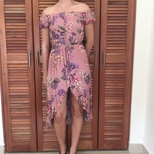 Pink flower off the shoulder dress